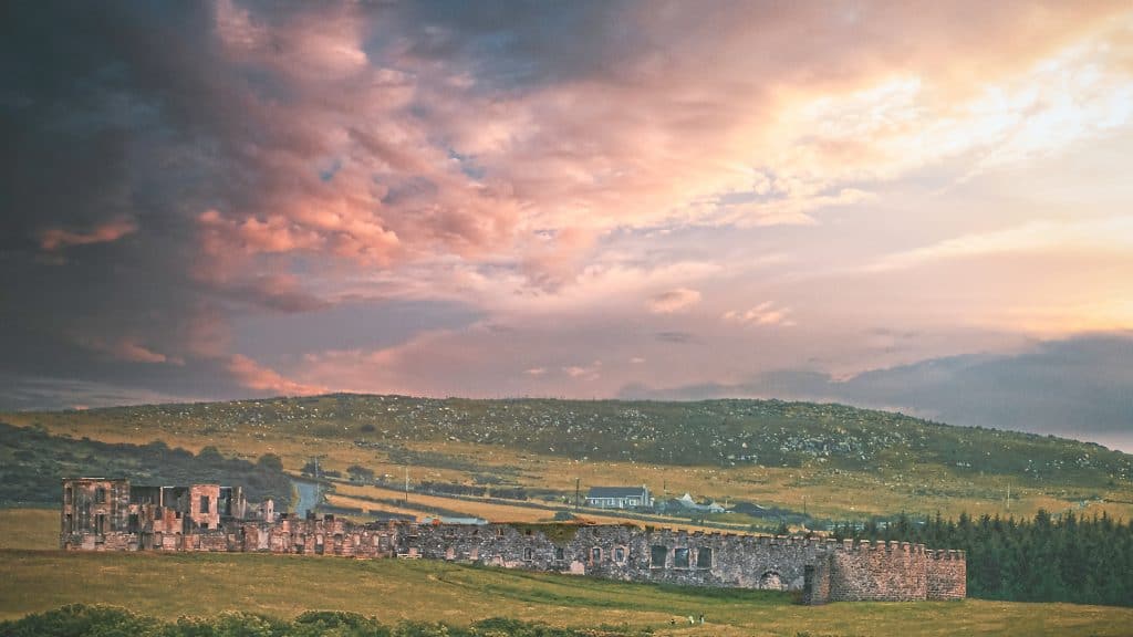 The ruins of Downhill House on the hill above Castlerock, County Londonderry at sunset (Jun., 2019).