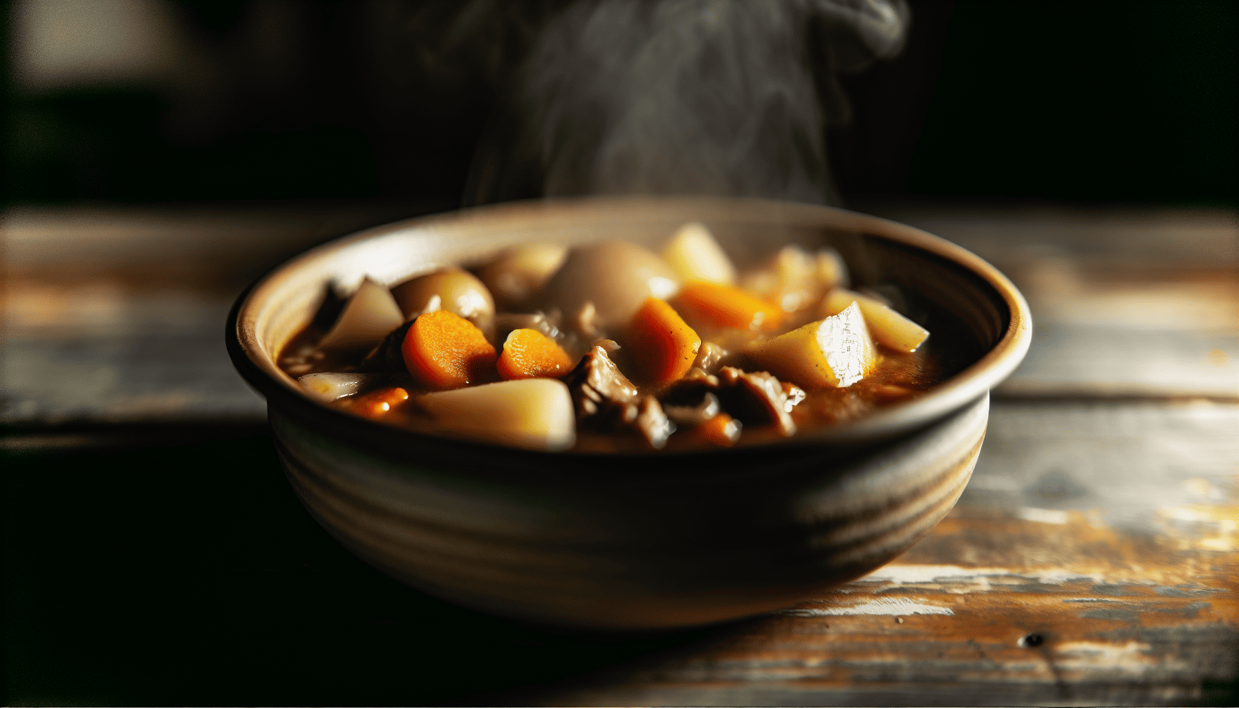 A steaming bowl of hearty Irish Stew with root vegetables