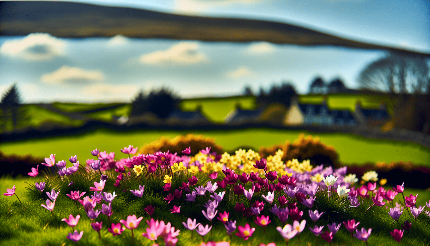 Vibrant spring flowers in the Irish countryside