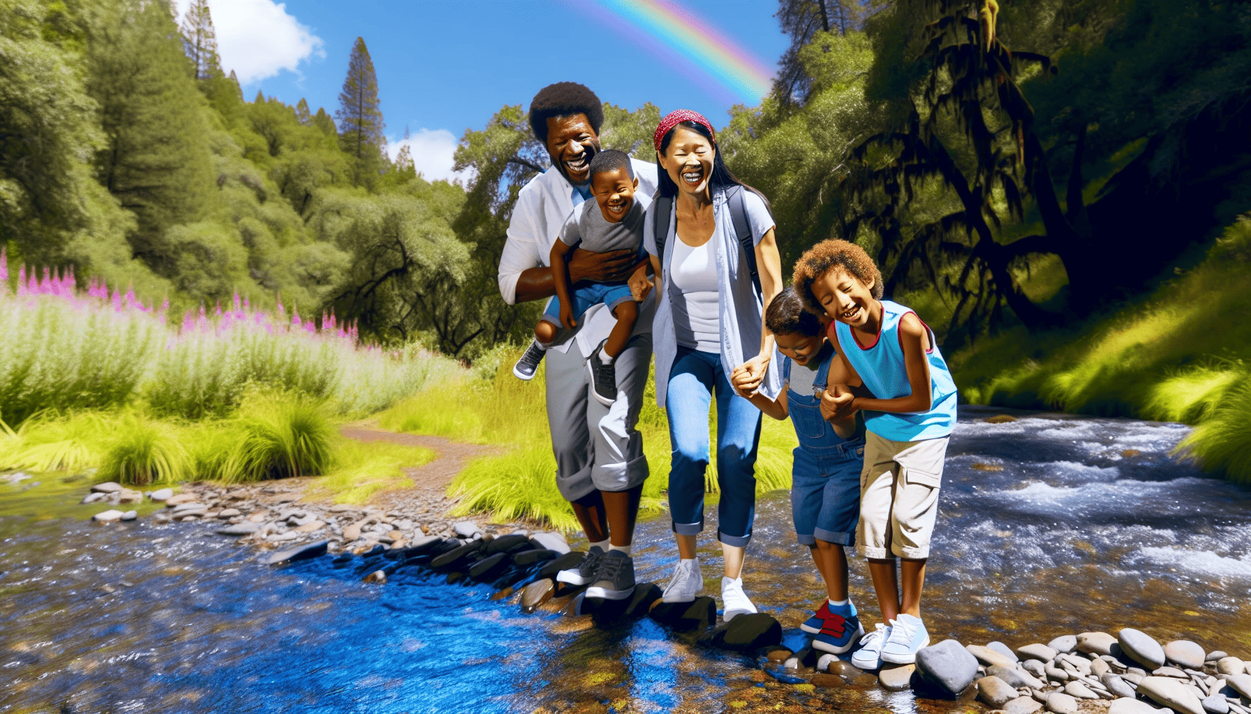 Family enjoying the Rainbow Trail with a charming river crossing