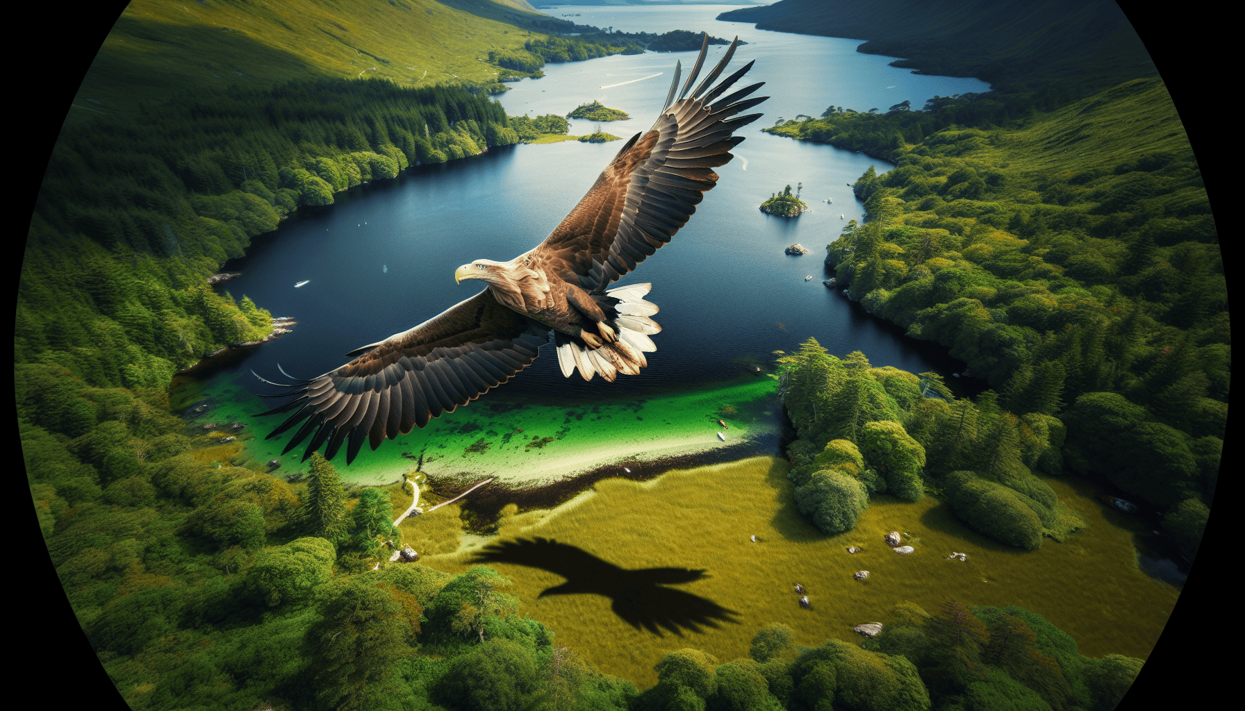 White tailed sea eagle soaring over the waters of Killarney National Park
