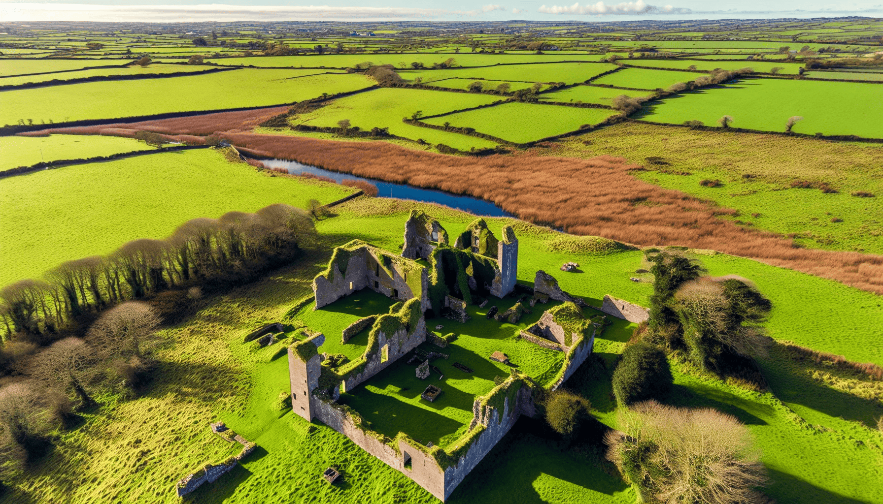 Aerial view of Irish castle ruins surrounded by lush greenery