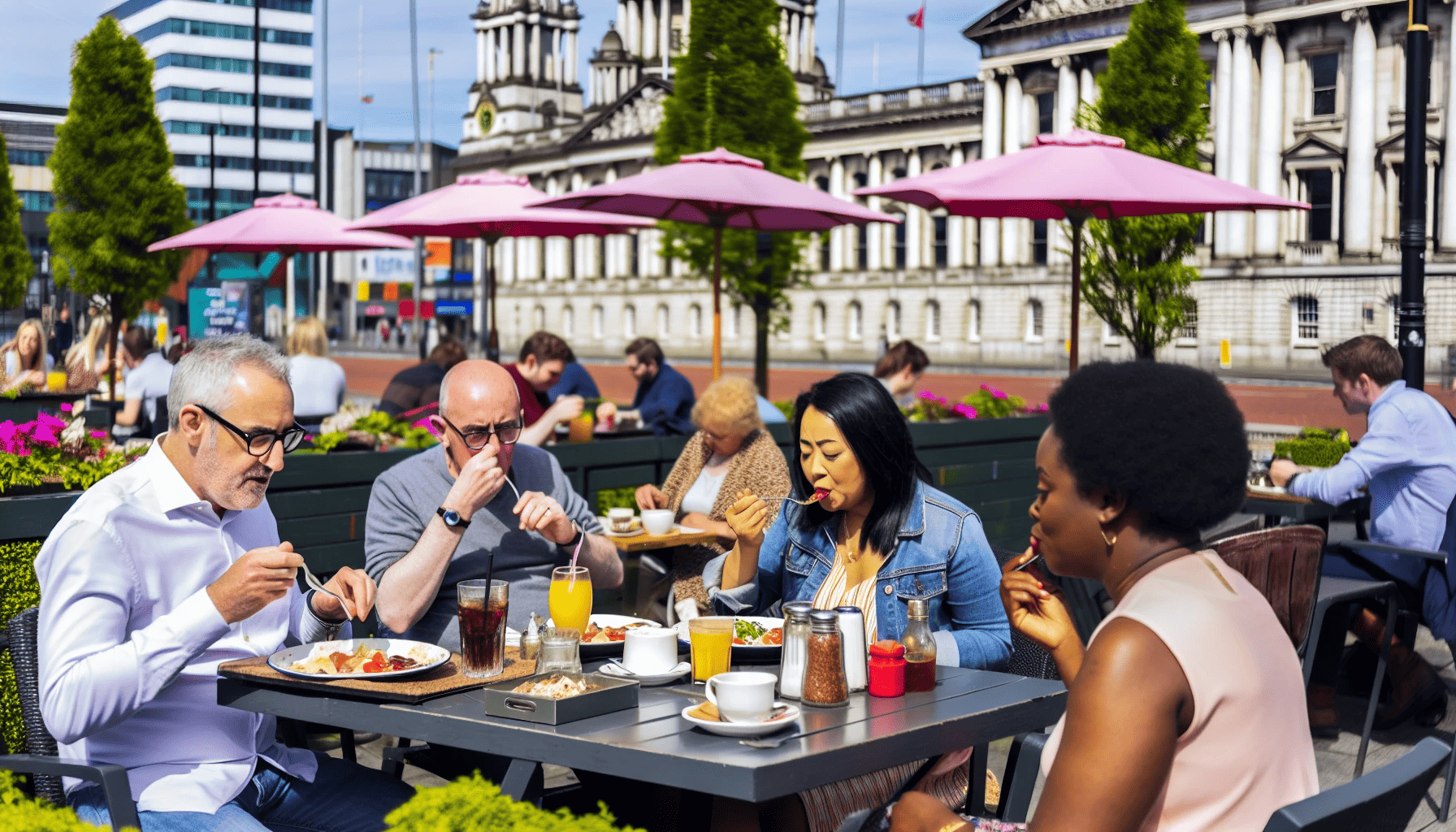 A vibrant brunch scene in Belfast city centre with delicious brunch dishes