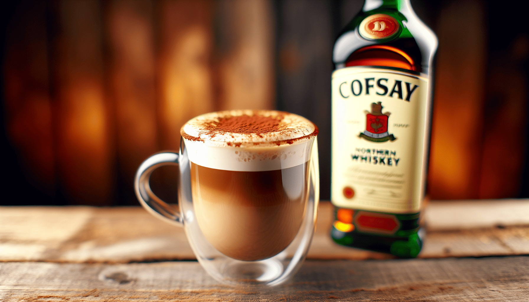 A cozy setting with a cup of Irish Coffee and a bottle of Irish whiskey