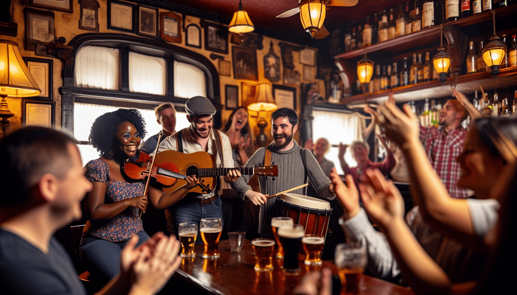A lively Irish pub with musicians performing folk tunes