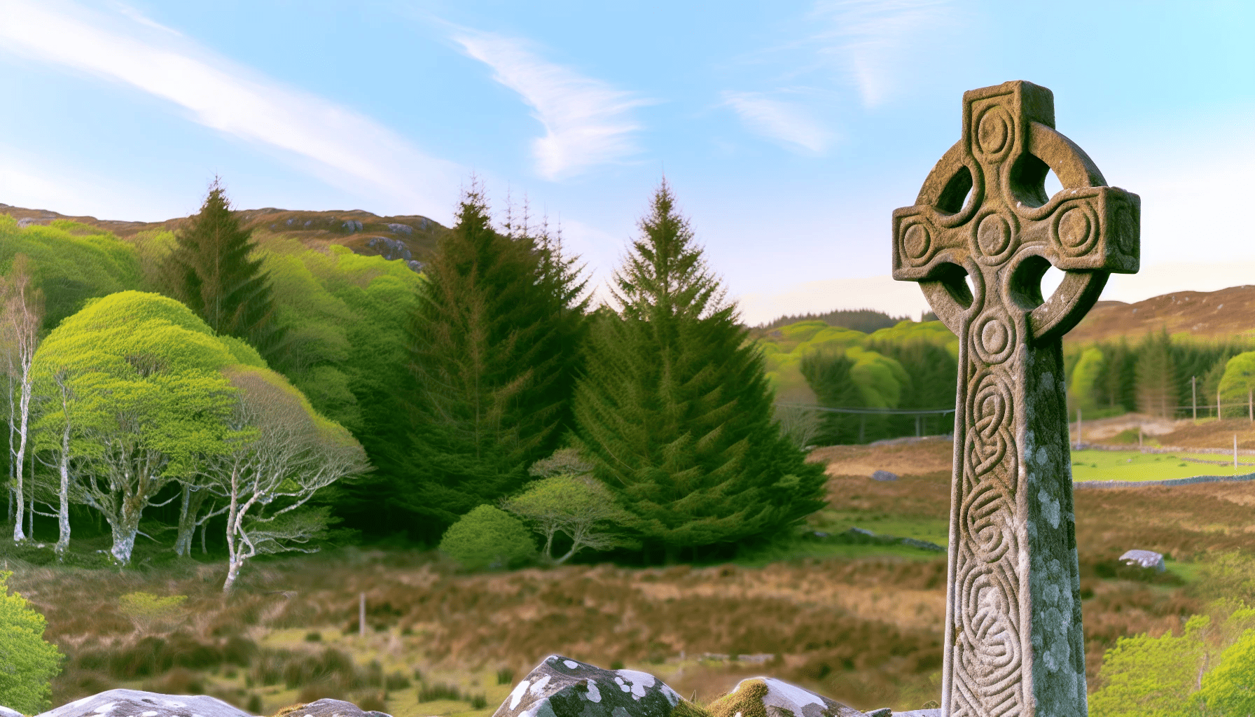Photo of a weathered Celtic cross in a serene setting