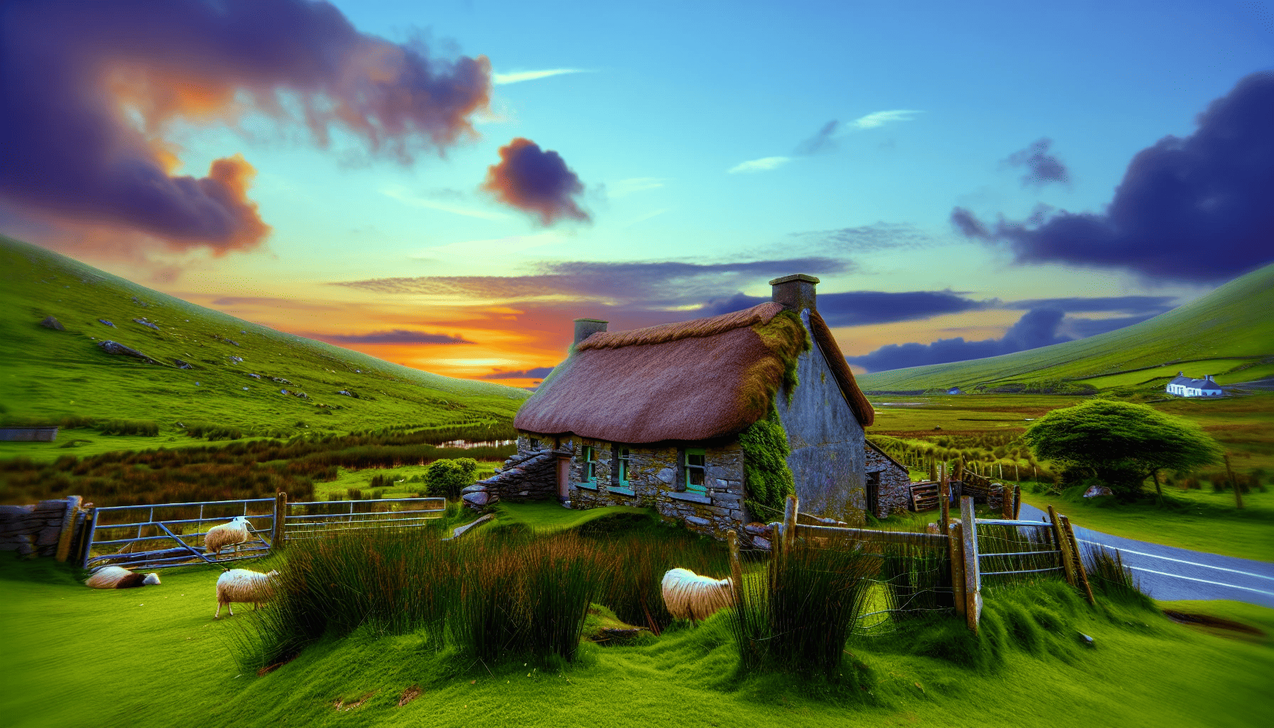 A scenic landscape of the Irish countryside with traditional cottages