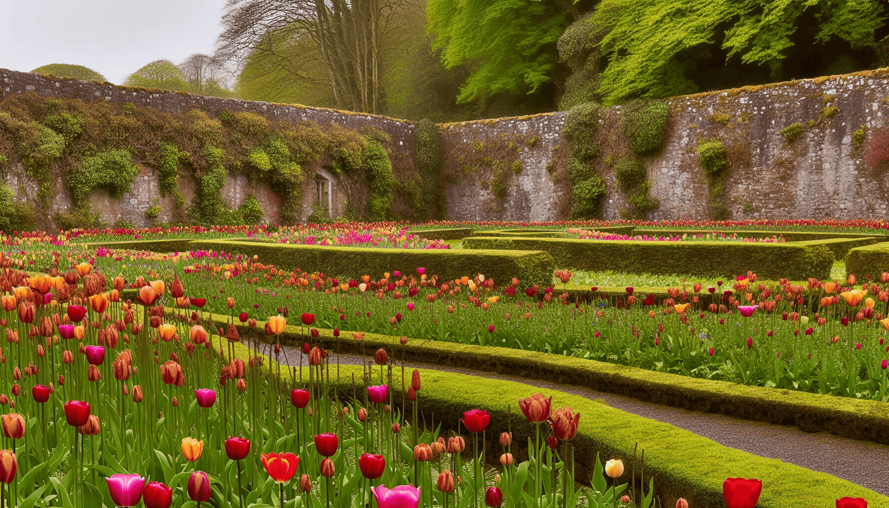 Colorful tulip blossoms in the enchanting Walled Garden at Glenarm Castle