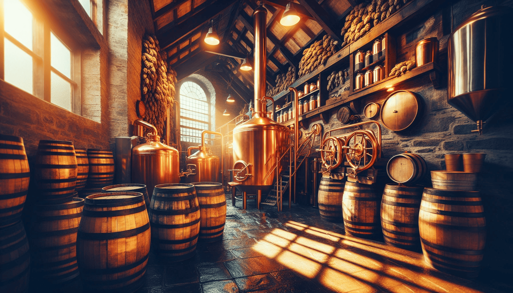 Artistic illustration of a craft brewery with brewing equipment and barrels