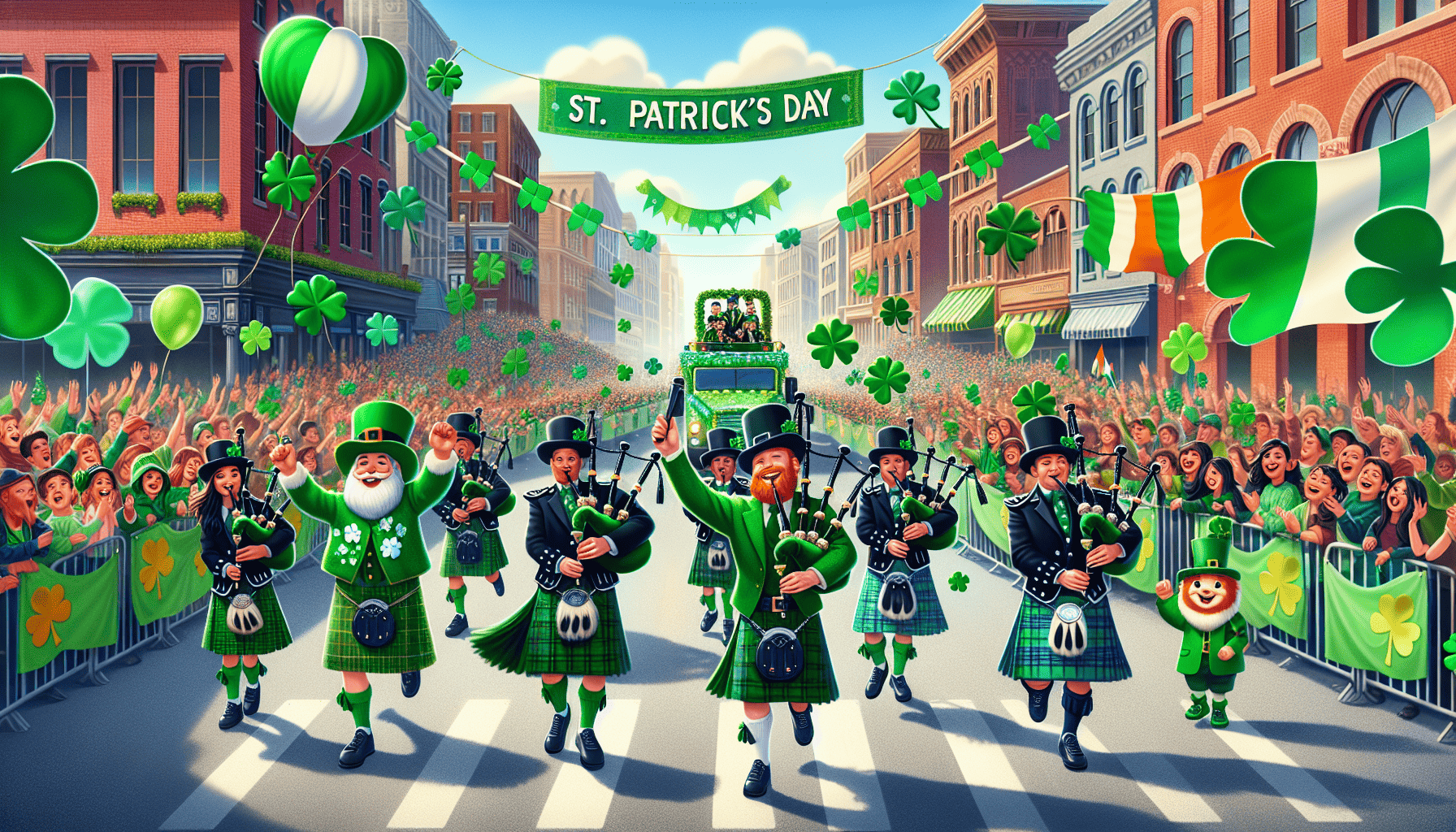 Illustration of a St. Patrick's Day parade with colorful floats