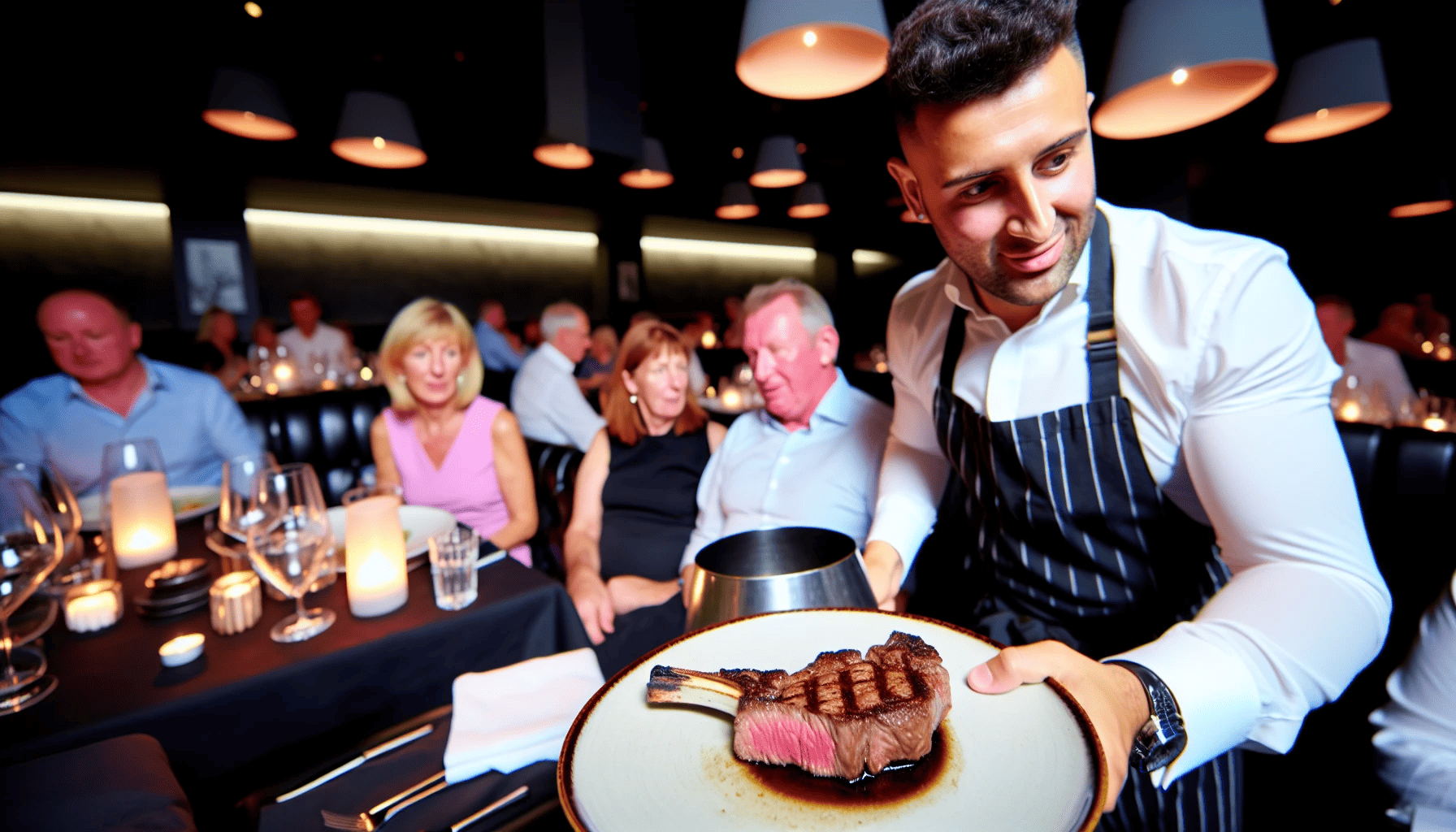 A sizzling hot steak being served at a steakhouse in Belfast