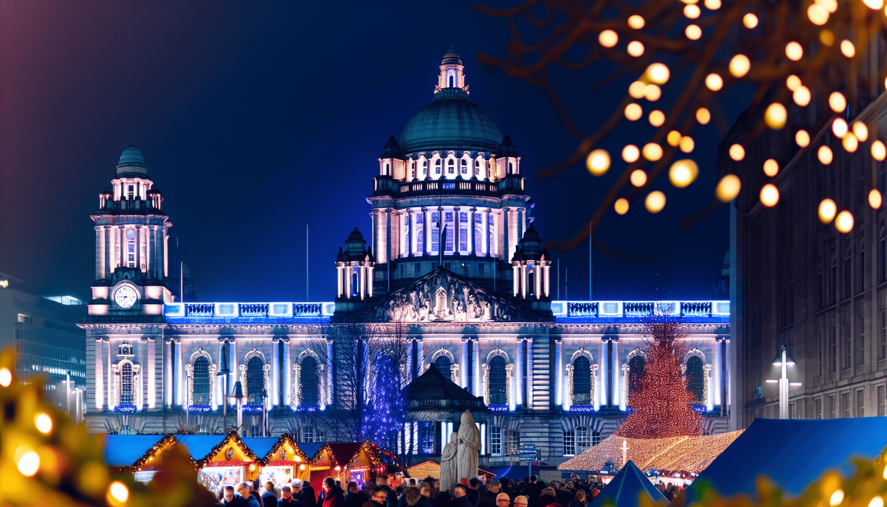 Night view of Belfast City Hall with Christmas market in the background