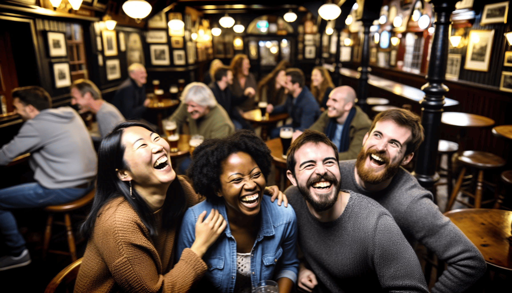 A group of people laughing in a pub