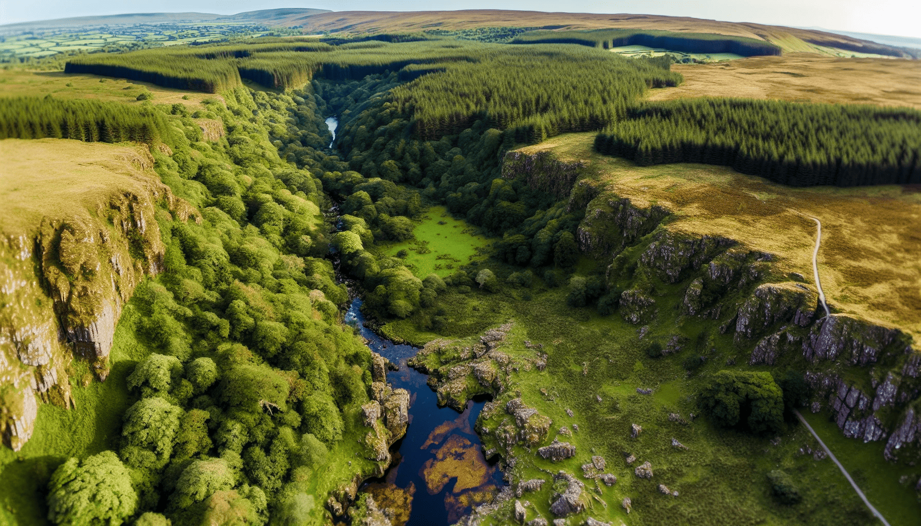 Aerial view of Glenariff Forest Park with lush greenery and flowing river