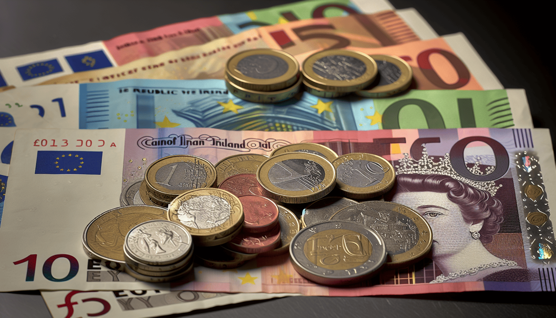 Euro banknotes and Pound Sterling coins