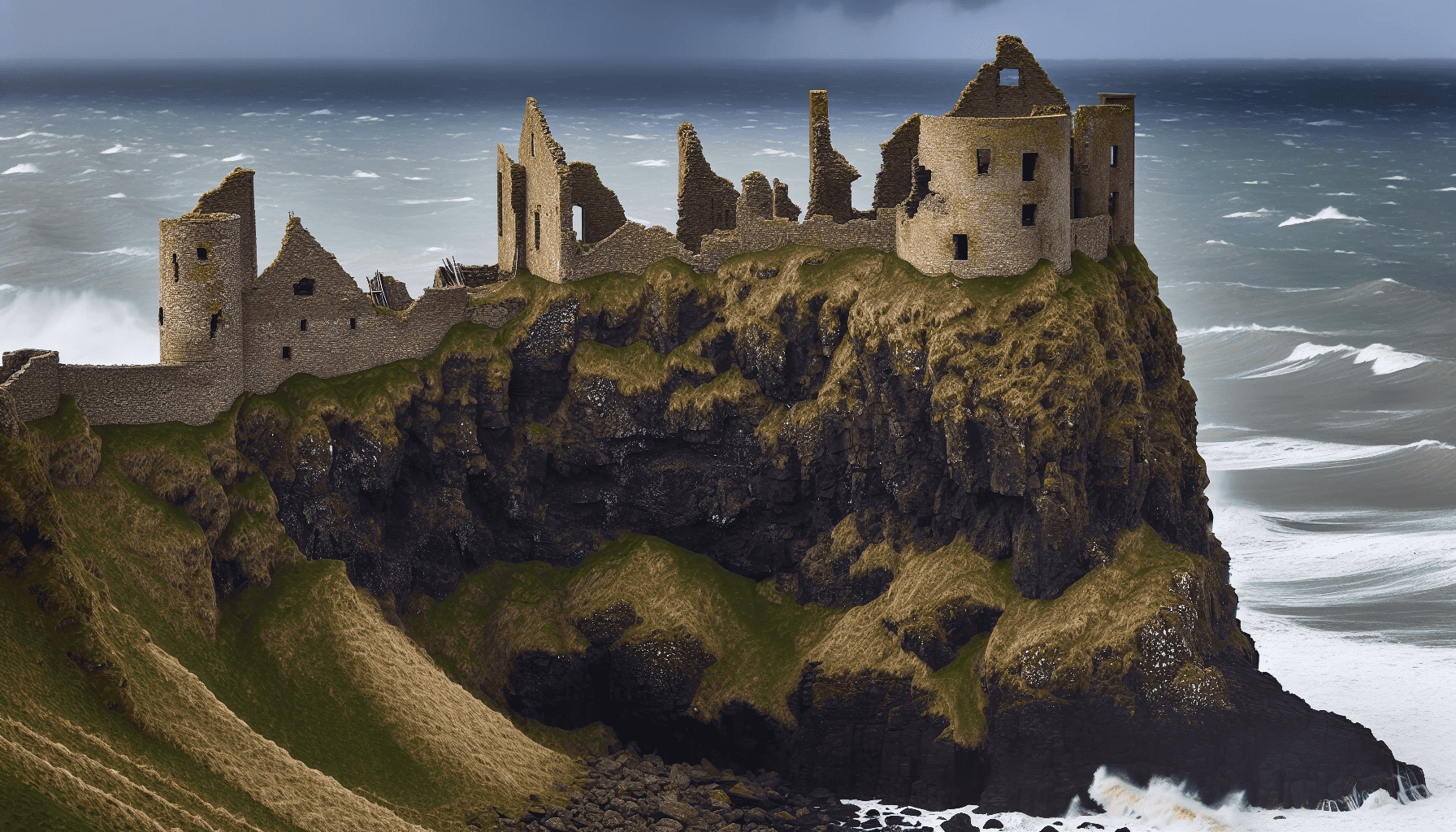 Dunluce Castle perched on a cliff overlooking the sea in Northern Ireland