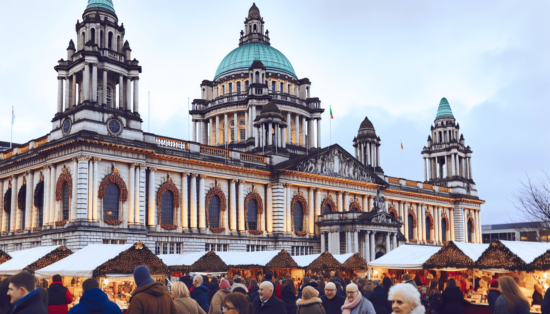 Belfast City Hall with festive decorations and market stalls
