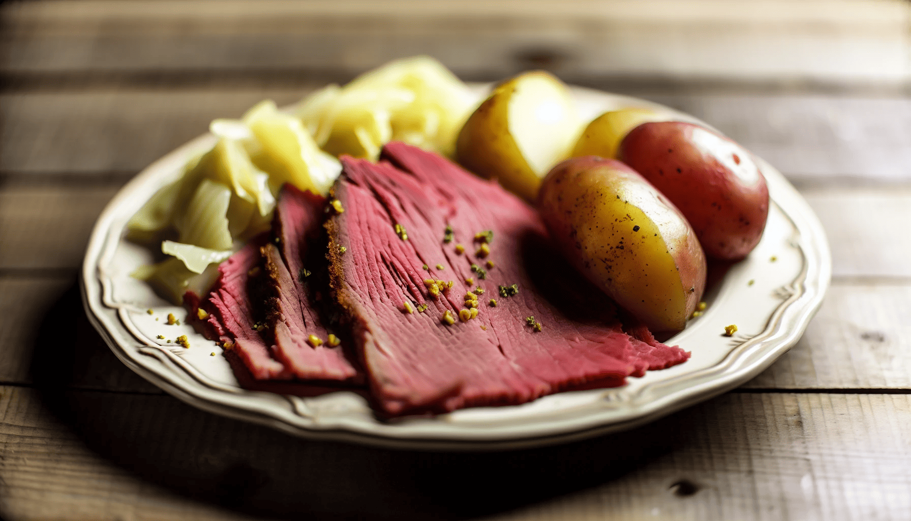 A plate of sliced corned beef with boiled potatoes and cabbage
