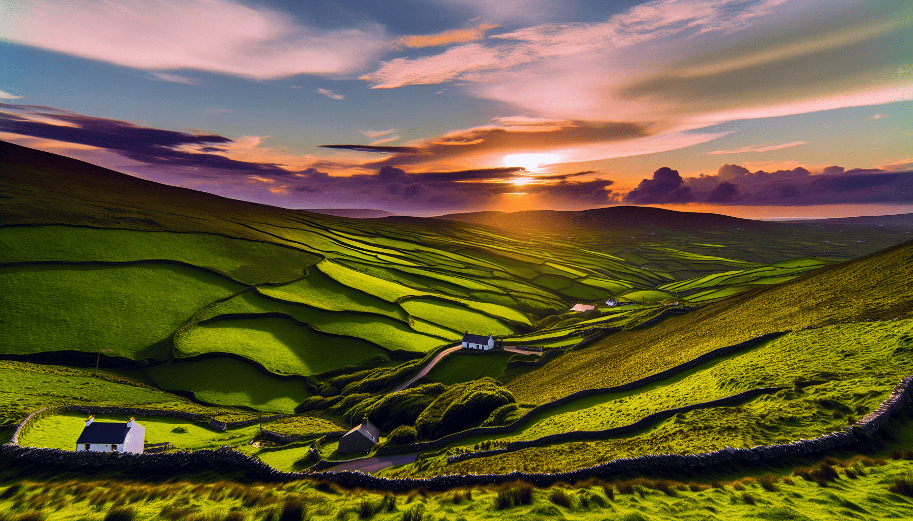 A traditional Irish landscape with rolling hills and a radiant sunset