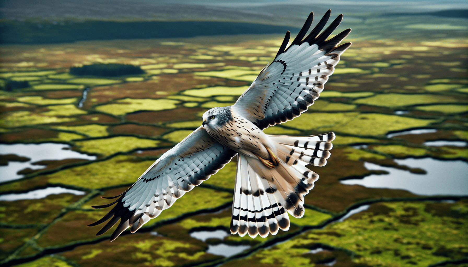 Elusive hen harrier in flight over the upland areas of Ireland