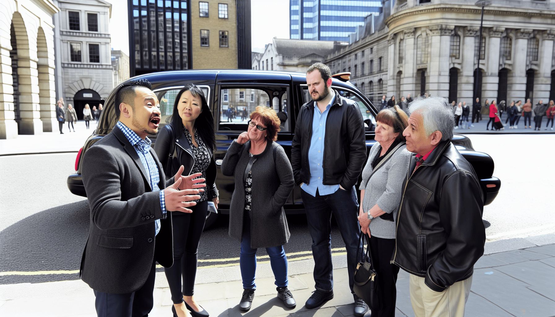 A knowledgeable tour guide sharing insights with visitors during a black cab tour