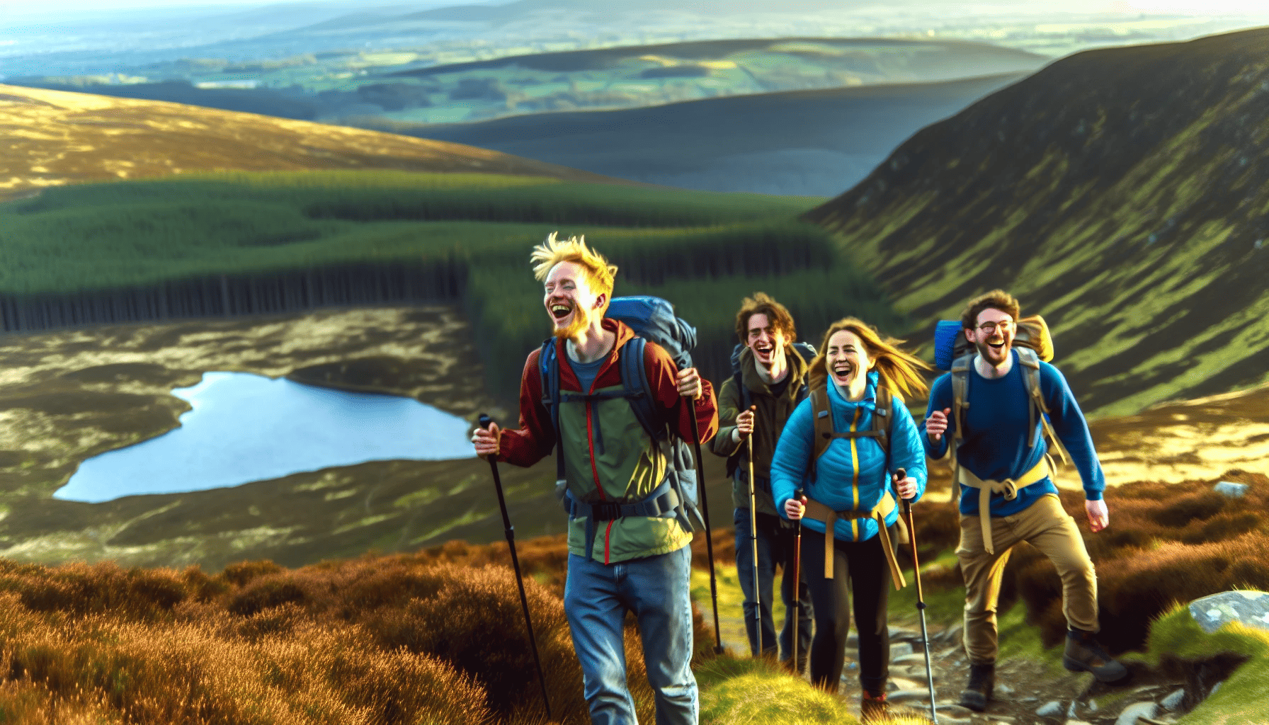 Hikers enjoying the Scenic Trail with panoramic views of Glenariff