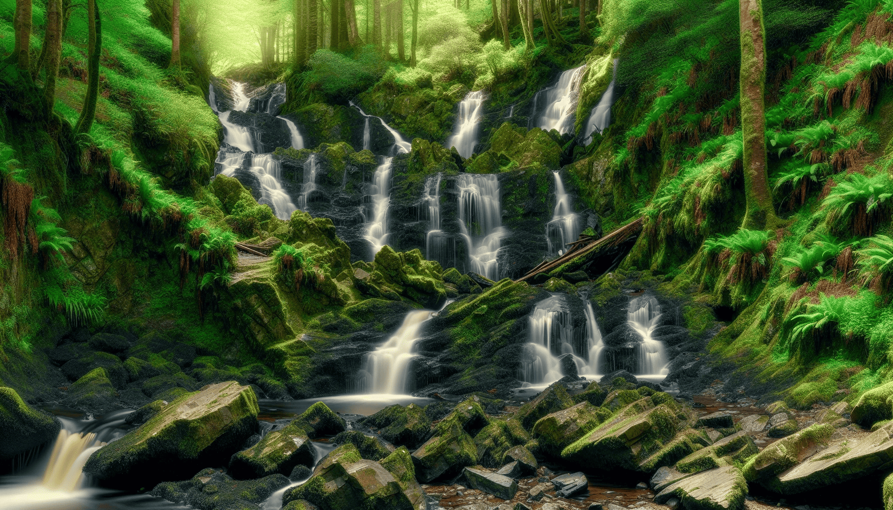 Cascading waterfalls along the Waterfall Walk Trail in Glenariff Forest Park