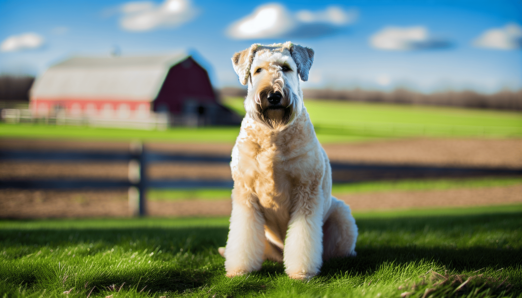Soft Coated Wheaten Terrier sitting in a farm setting