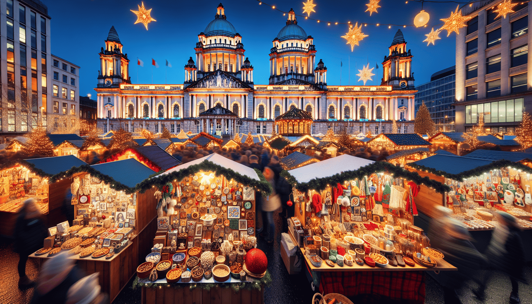 Belfast Christmas Market with a view of Belfast City Hall