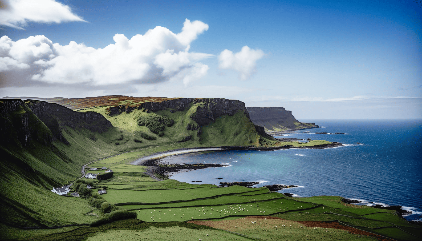 Scenic view of the Causeway Coastal Route winding through the Glens of Antrim