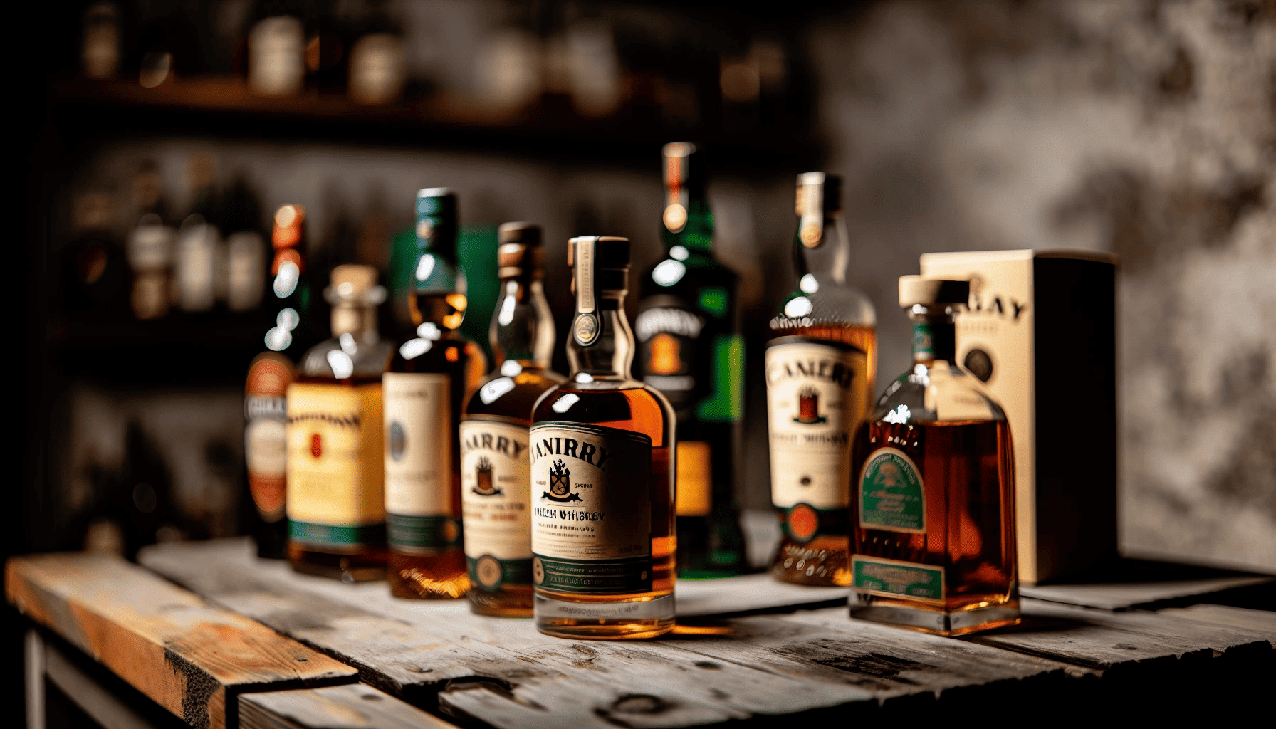 Bottles of Irish whiskey on a wooden table