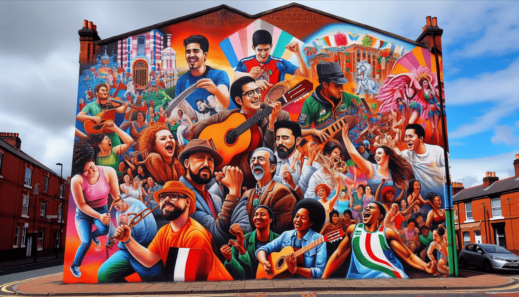 Colorful non-political mural celebrating culture and local heroes in Belfast