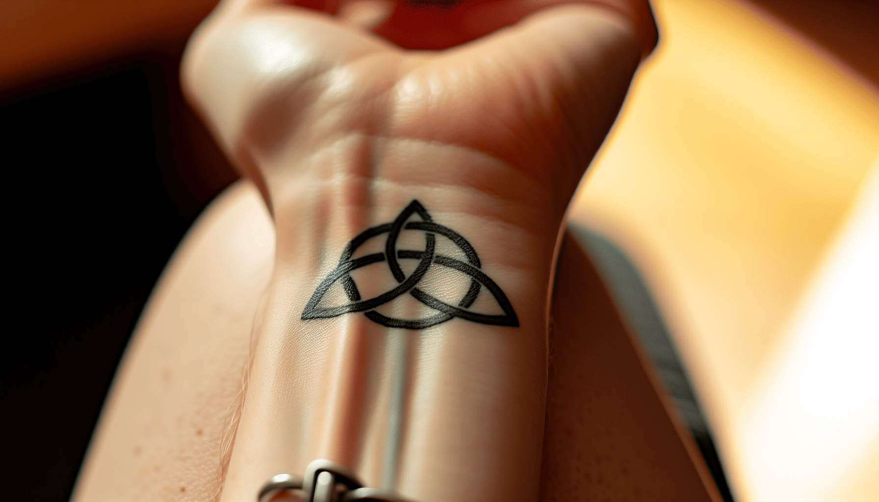 Close-up photo of a Triquetra tattoo on a person's wrist, showcasing modern revival of the symbol