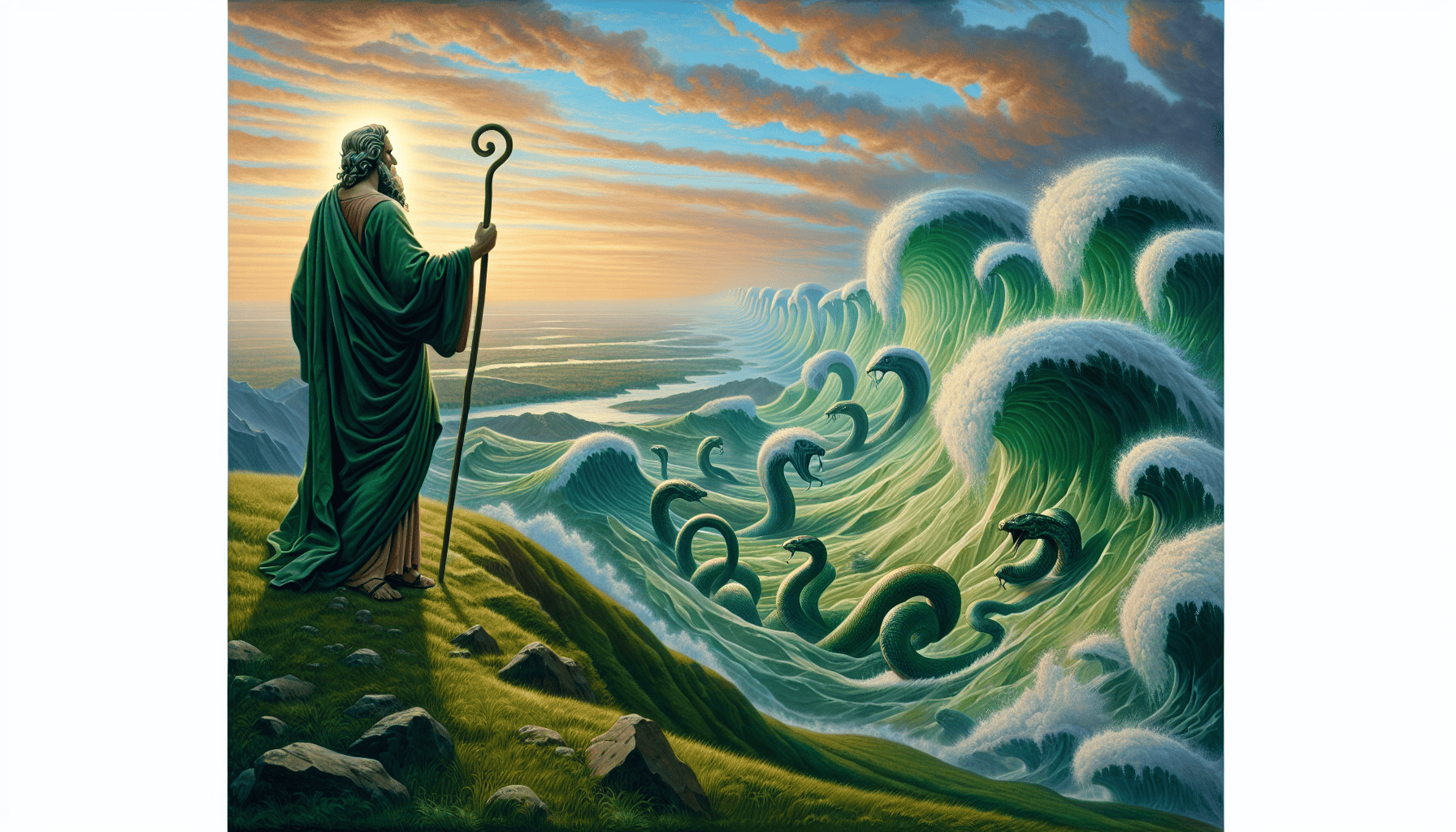 Illustration of St. Patrick standing on a hill overlooking the sea