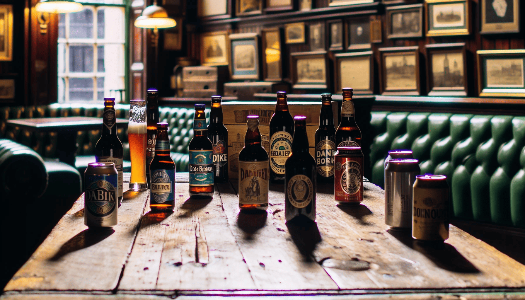 A selection of various Irish beer brands displayed on a rustic wooden table