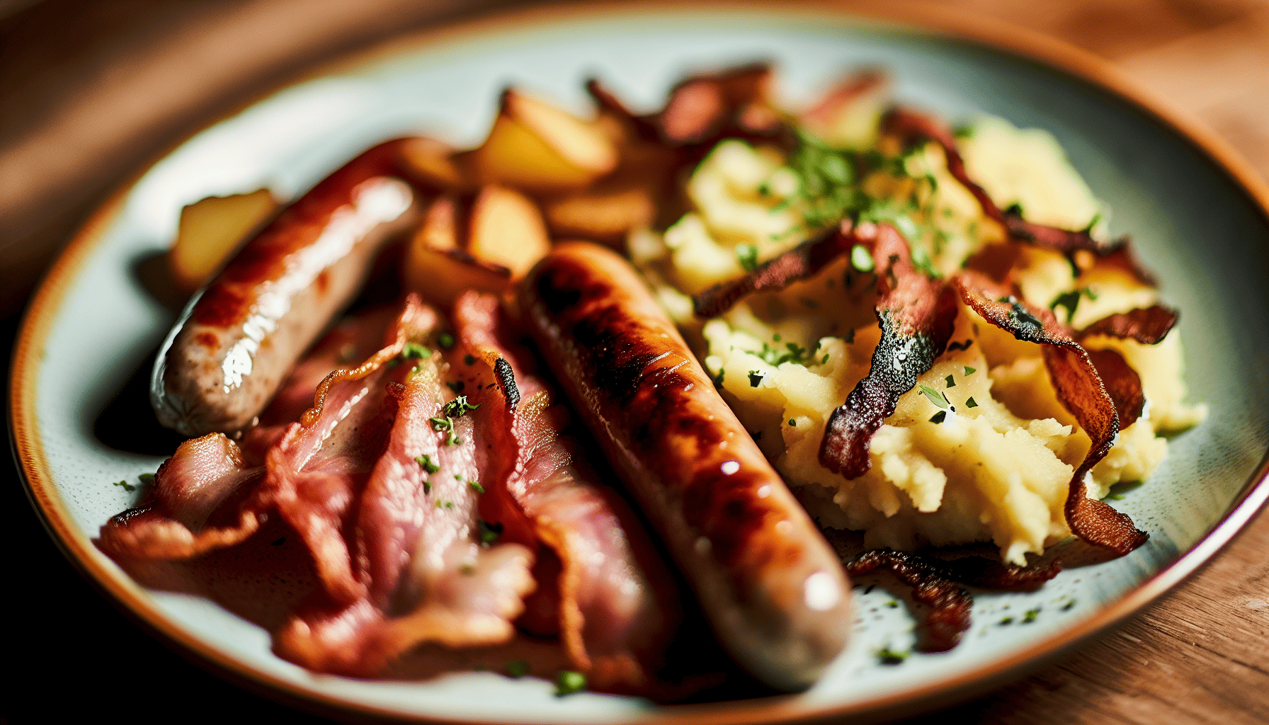 A sizzling Ulster Fry with sausages, bacon, and mashed potatoes