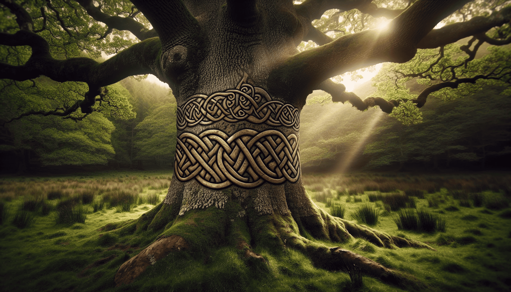 Illustration of a majestic oak tree with Celtic knots intertwined in its branches