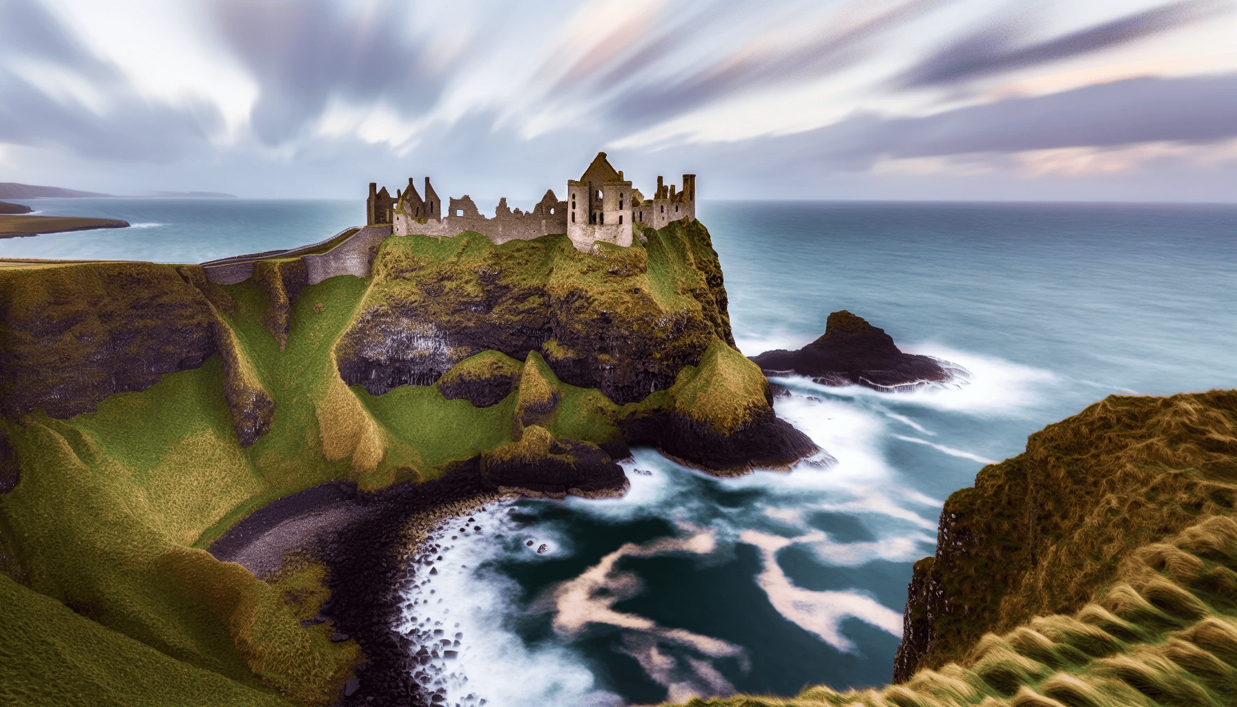Dramatic cliffside view of Dunluce Castle in Northern Ireland