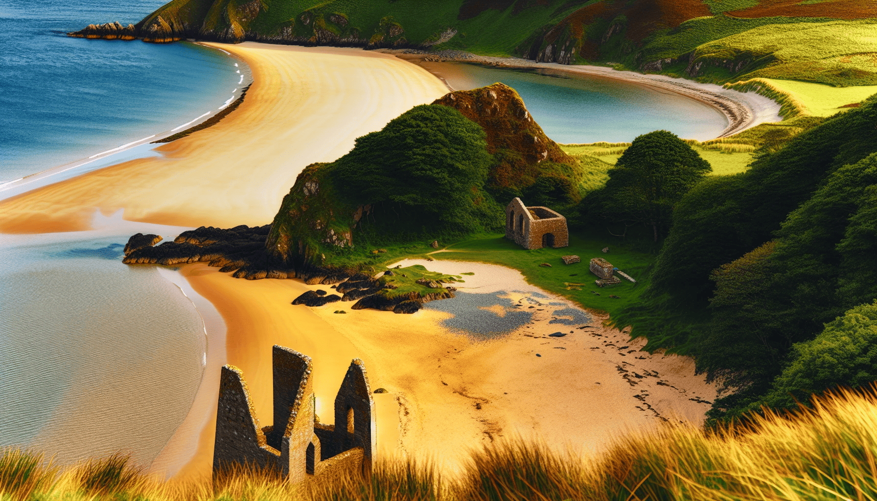 Murlough Bay with a sandy cove and old lime kilns