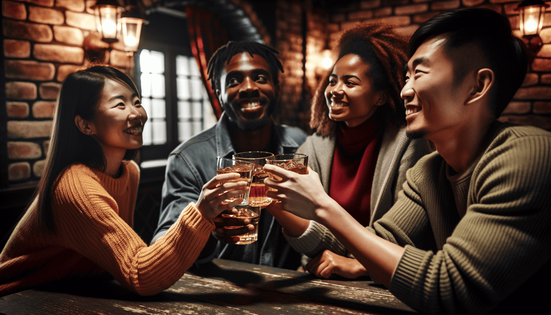 A group of friends raising a toast with a glass of Irish whiskey