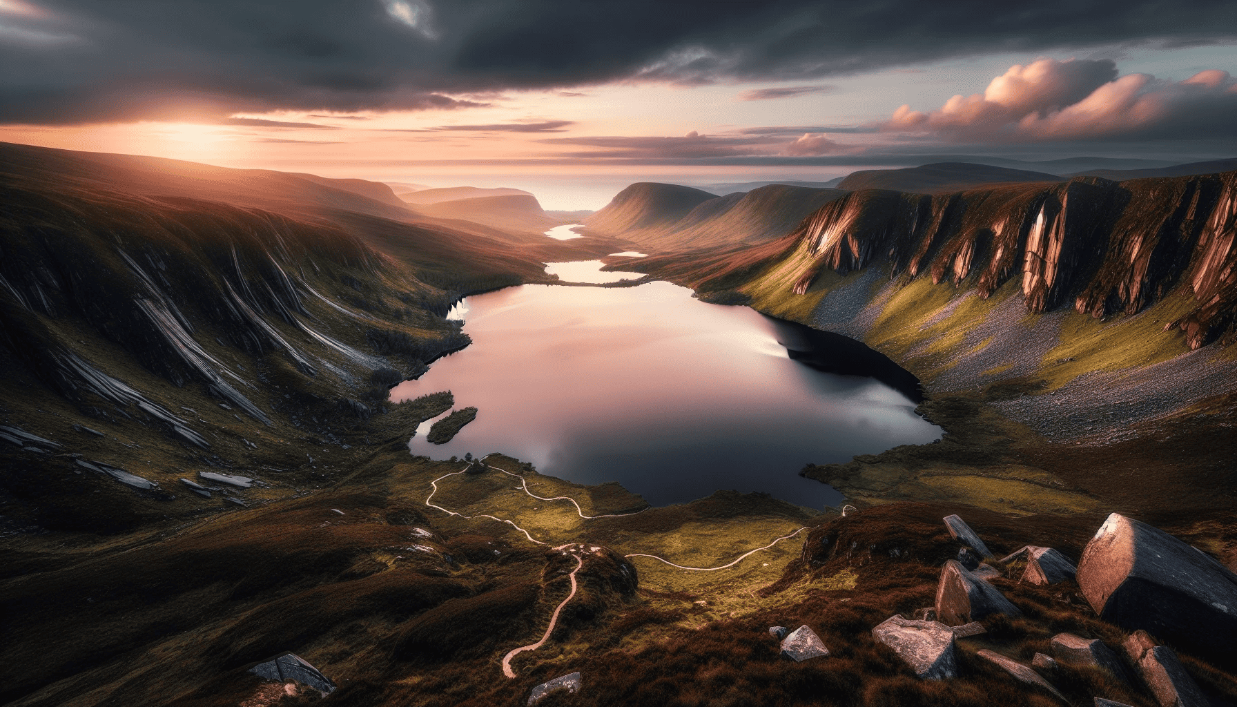 Panoramic view of Lough Na Cranagh and the surrounding cliffs