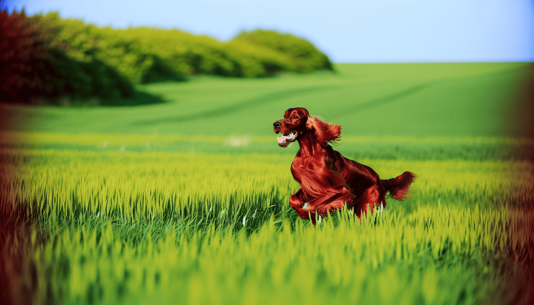 Irish Setter with a stunning red coat running through a field