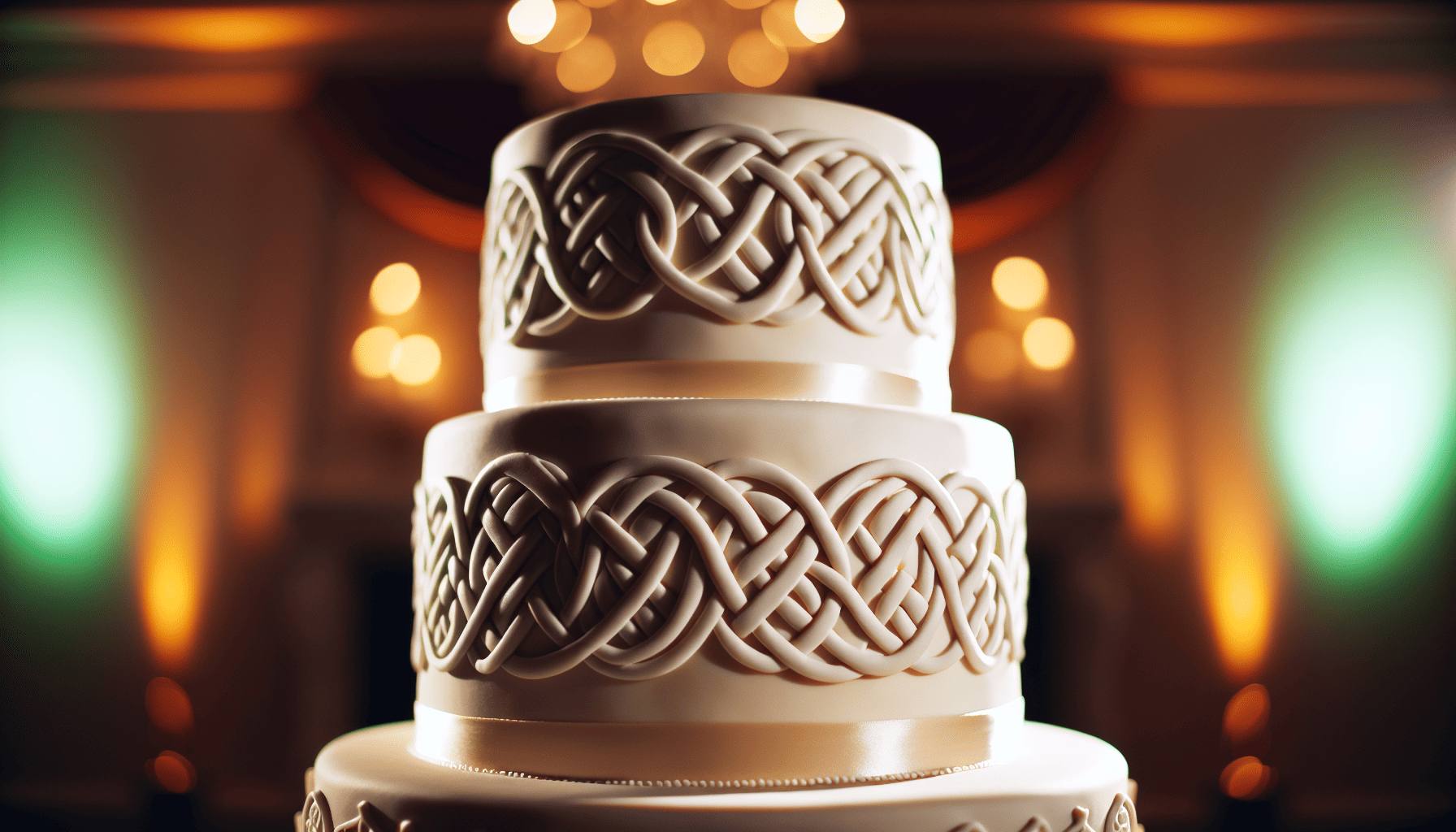 A beautifully decorated wedding cake with a Celtic knot design