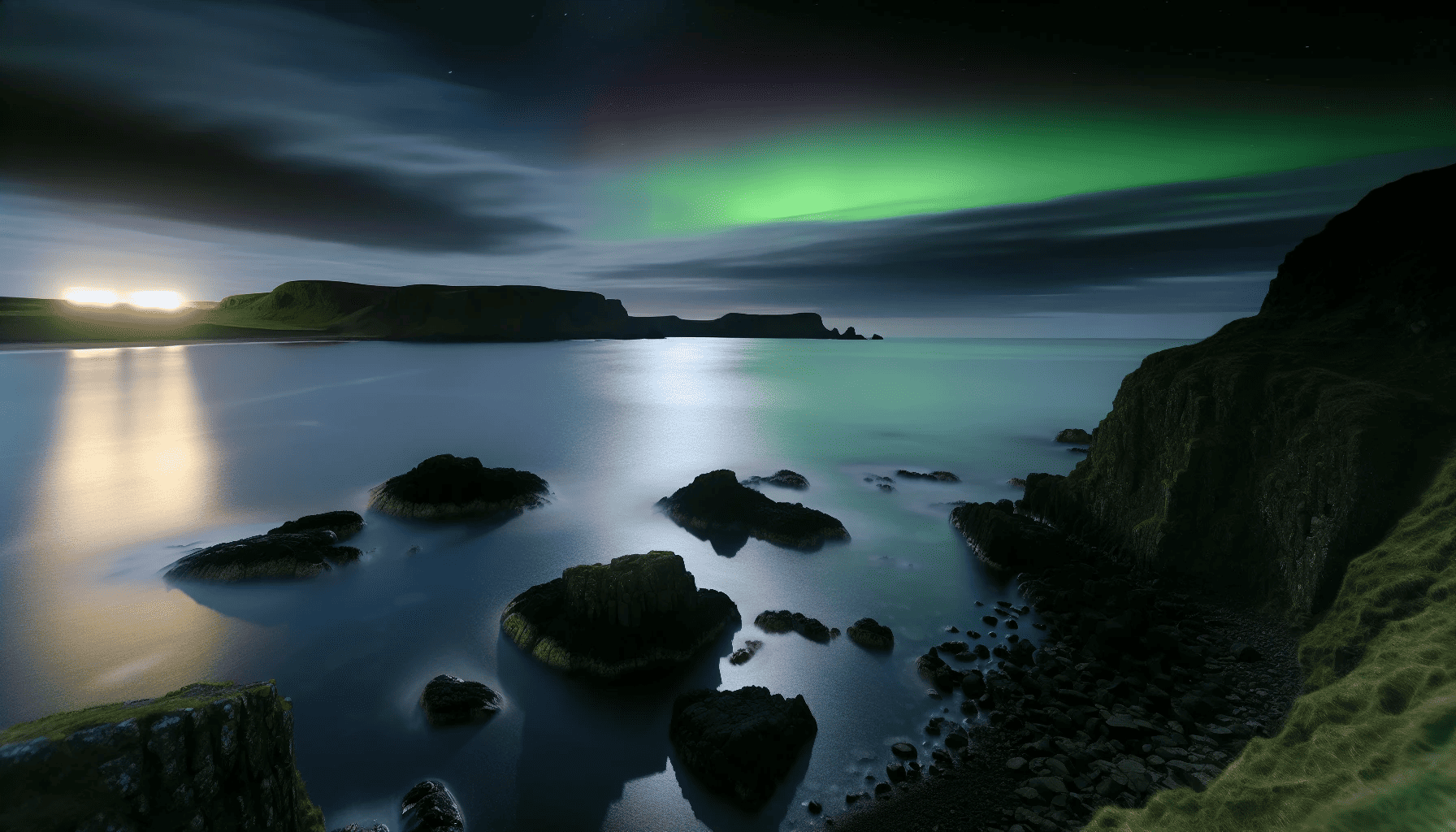 Secluded spot along the Antrim Coast, perfect for experiencing the Northern Lights in Northern Ireland