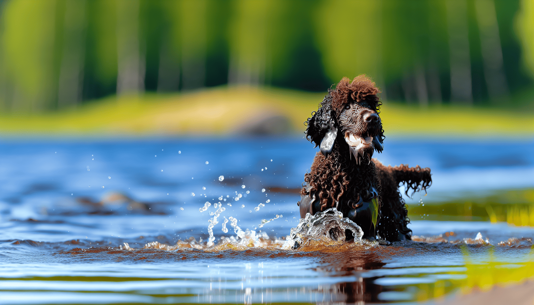 Irish Water Spaniel playing in the water with its curly coat glistening