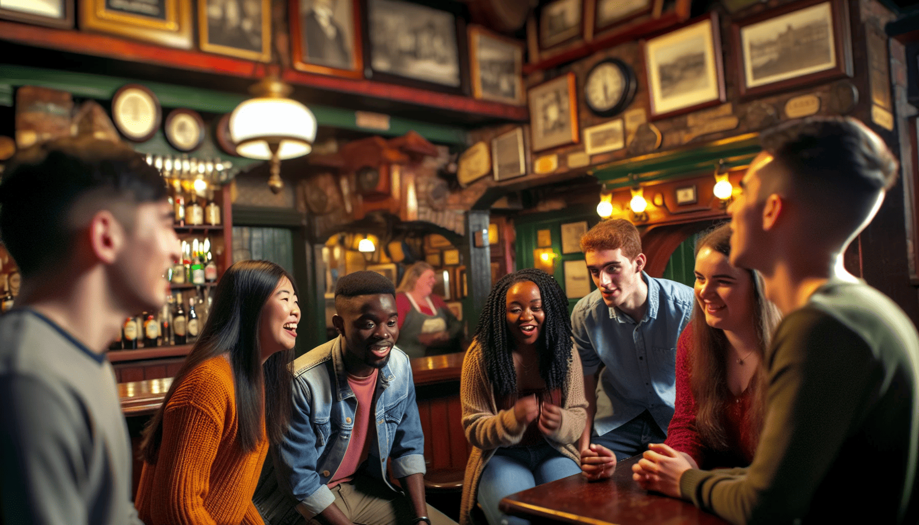 A group of young people enjoying a lively conversation in an Irish pub