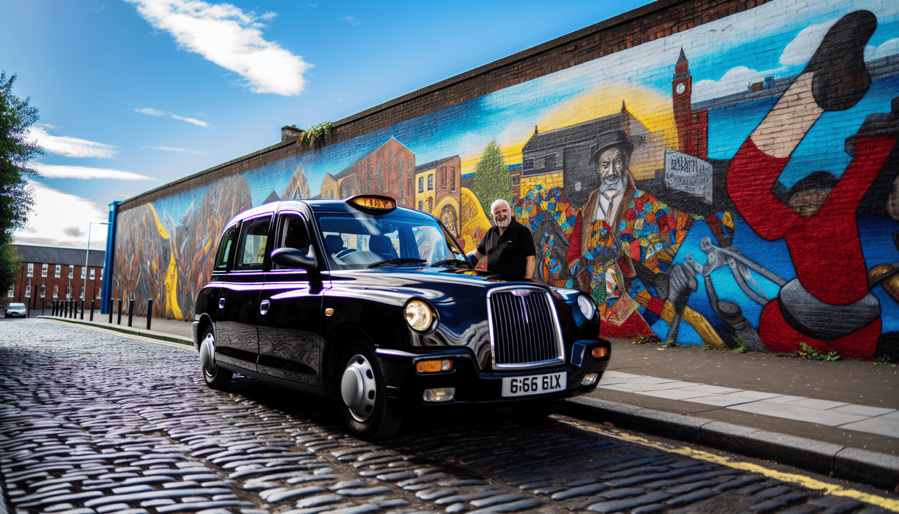 A black taxi parked in front of a colorful mural in Belfast