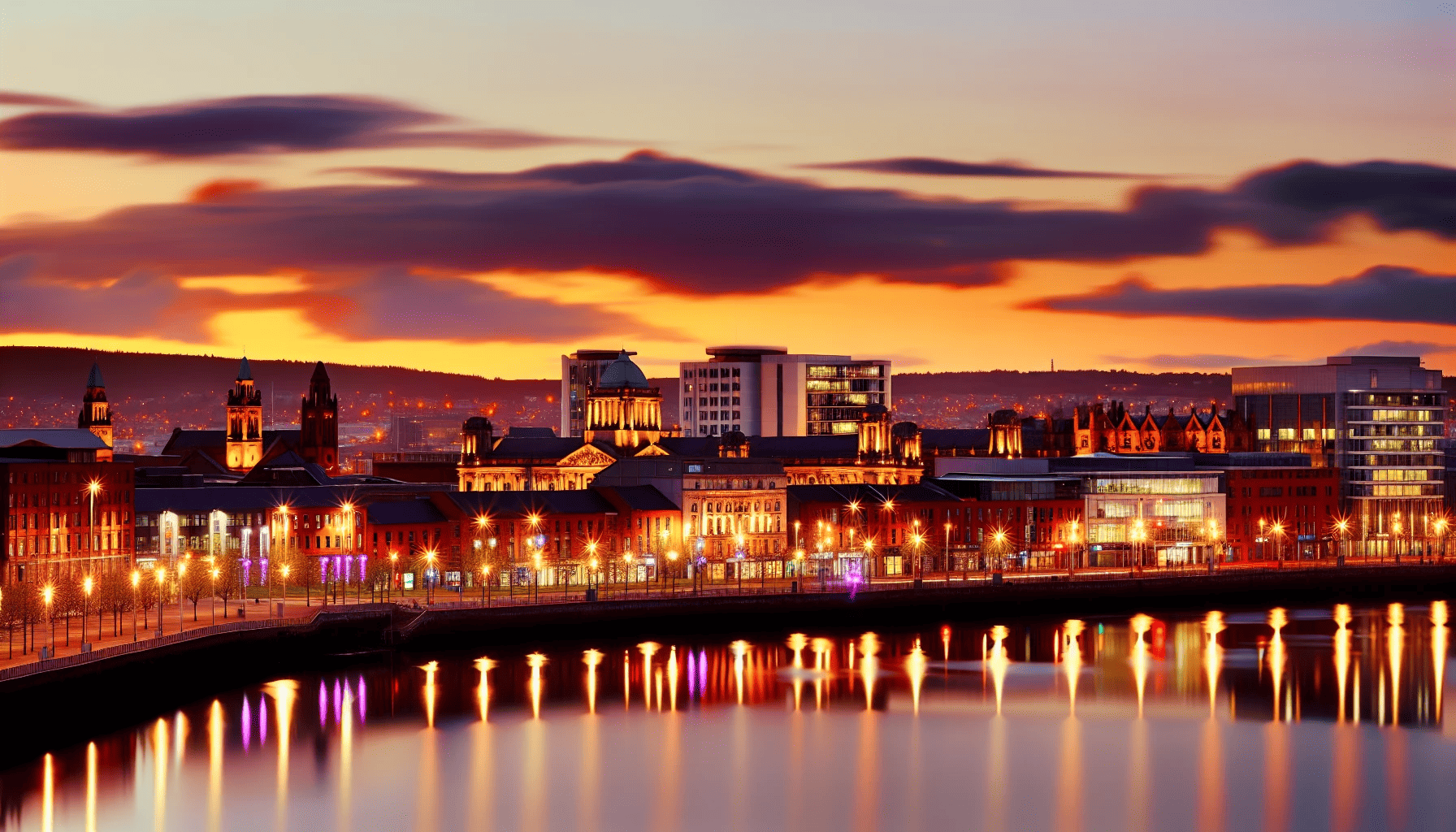 Belfast cityscape at sunset