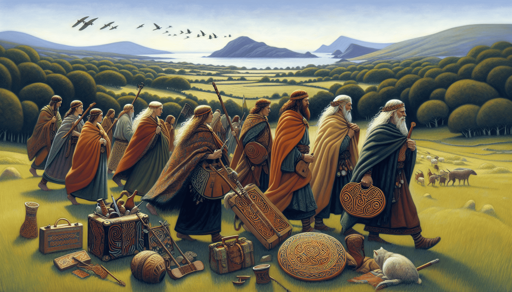 Illustration of ancient Celtic people migrating to Ireland and Scotland
