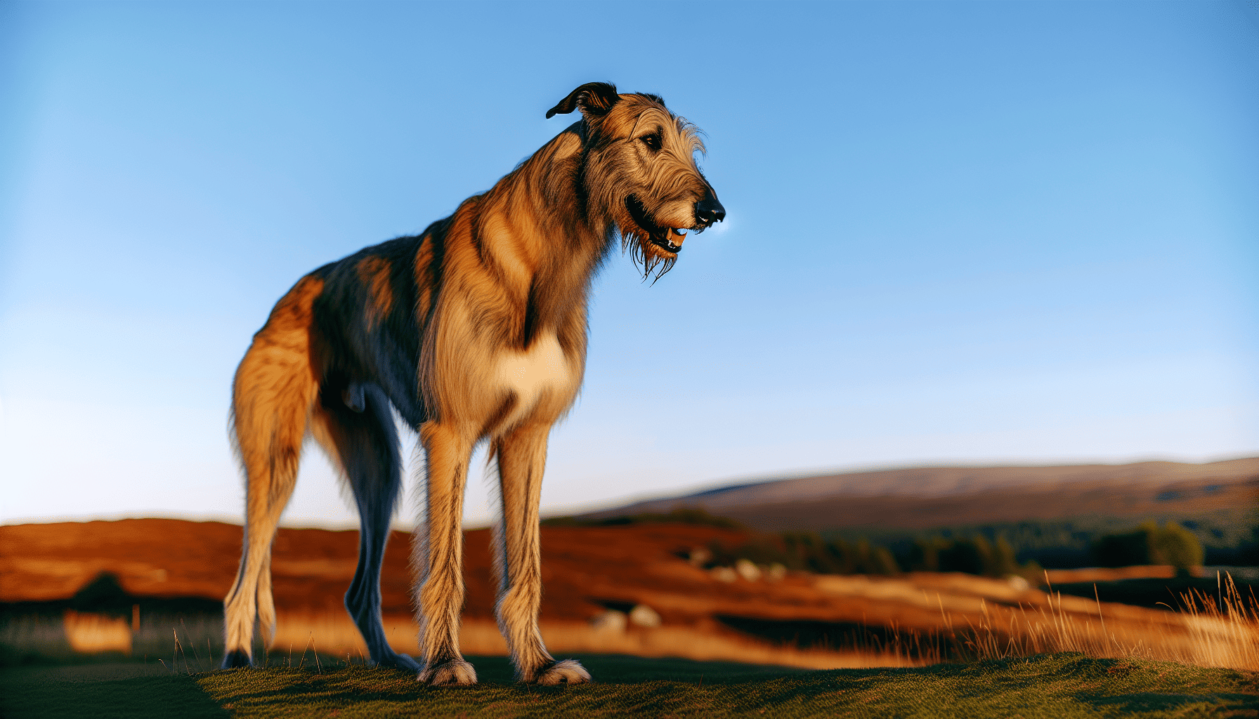Majestic Irish Wolfhound standing tall on a hill